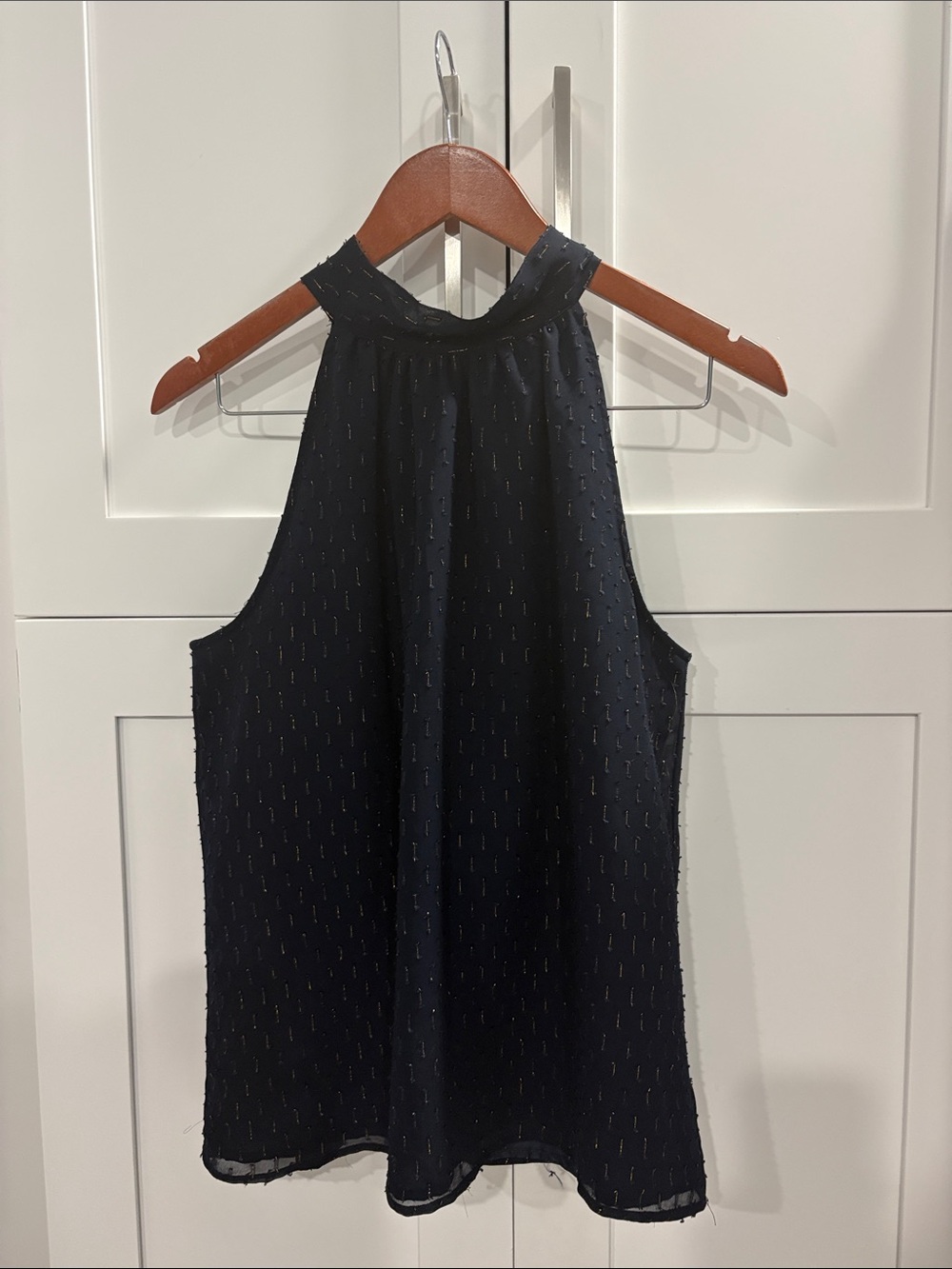 J. Crew Navy Neck Tie Blouse with Metallic Stitching